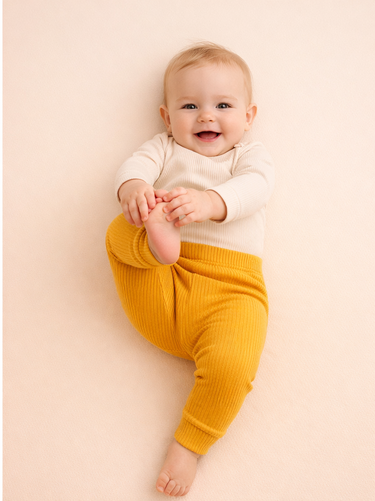 A smiling baby boy/toddler in white top and blue denim jeans