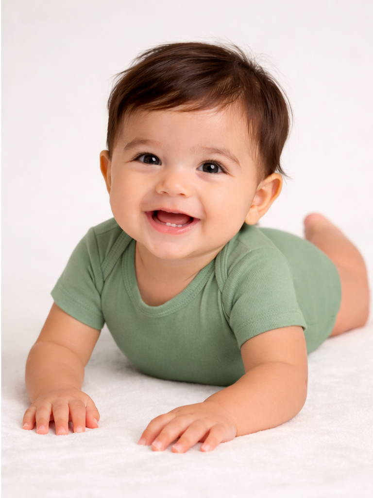 A baby in a brown bodysuit/ sleepsuit