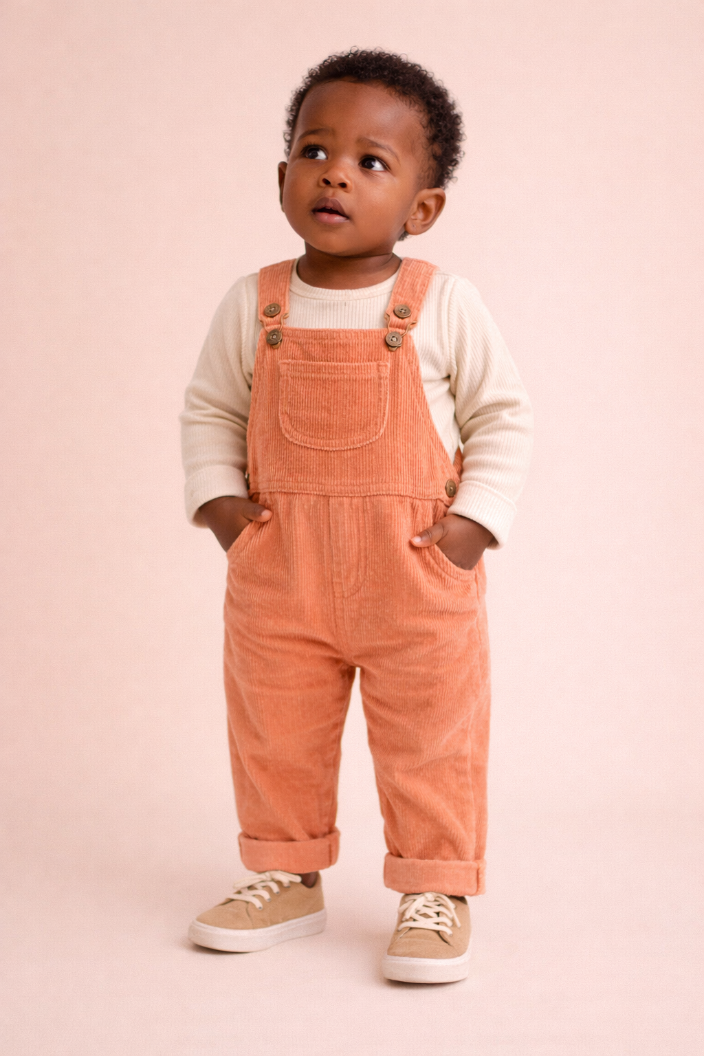 A female toddler wearing a pink corduroy dungarees