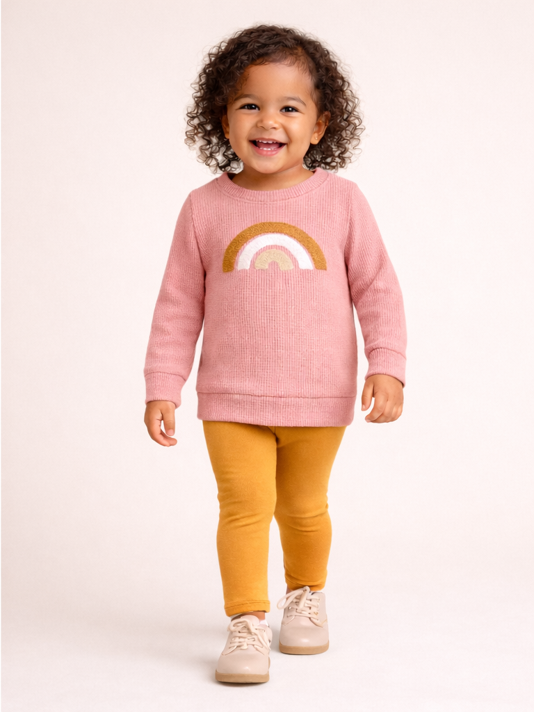 Baby girl in a fleece hoody and green headwrap crawling on the floor